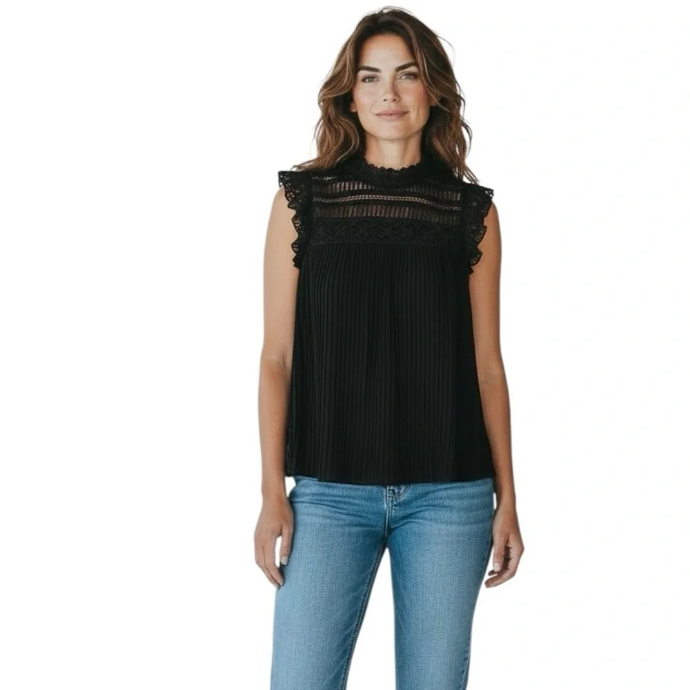 NWT REBECCA MINKOFF Black Sleeveless Lace Pleated Ruffle Detail Top Size Medium